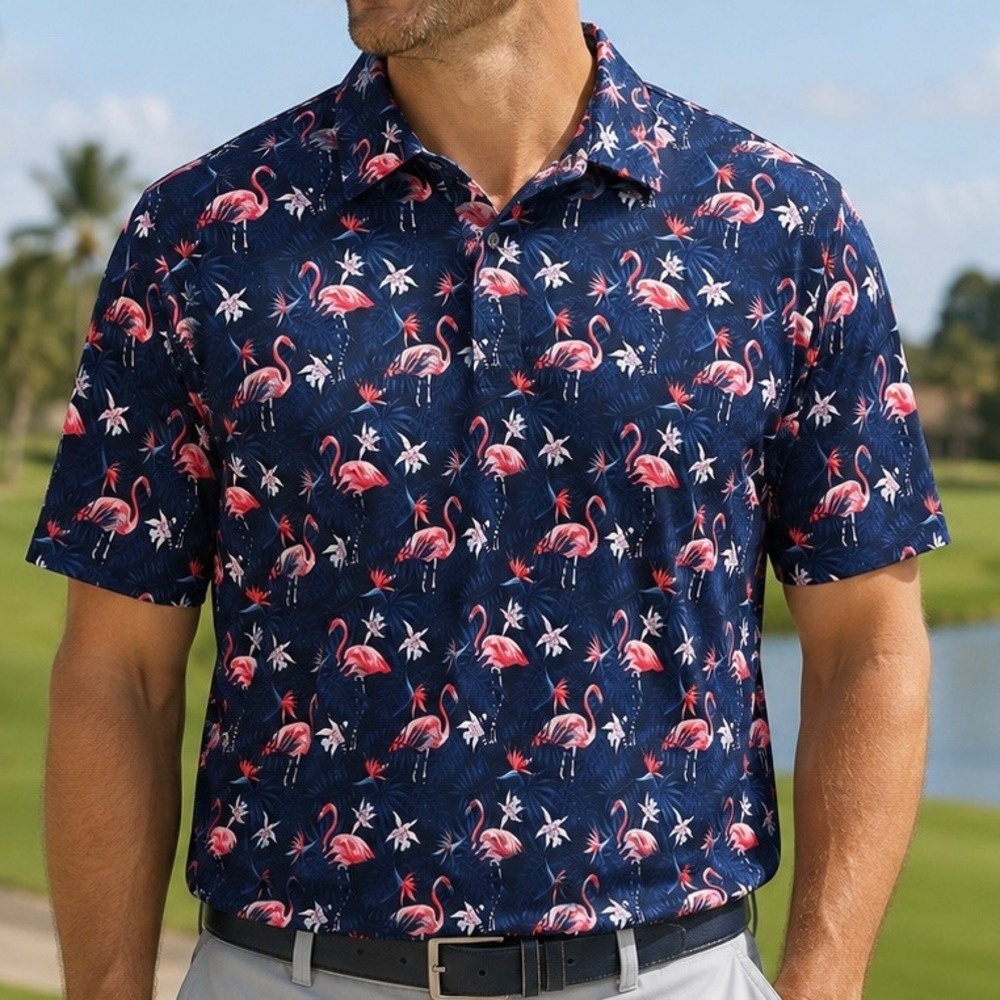 Golf Gods Australia Flamingo Tropical Golf Polo Shirt Men's 2XL Stretch Blue